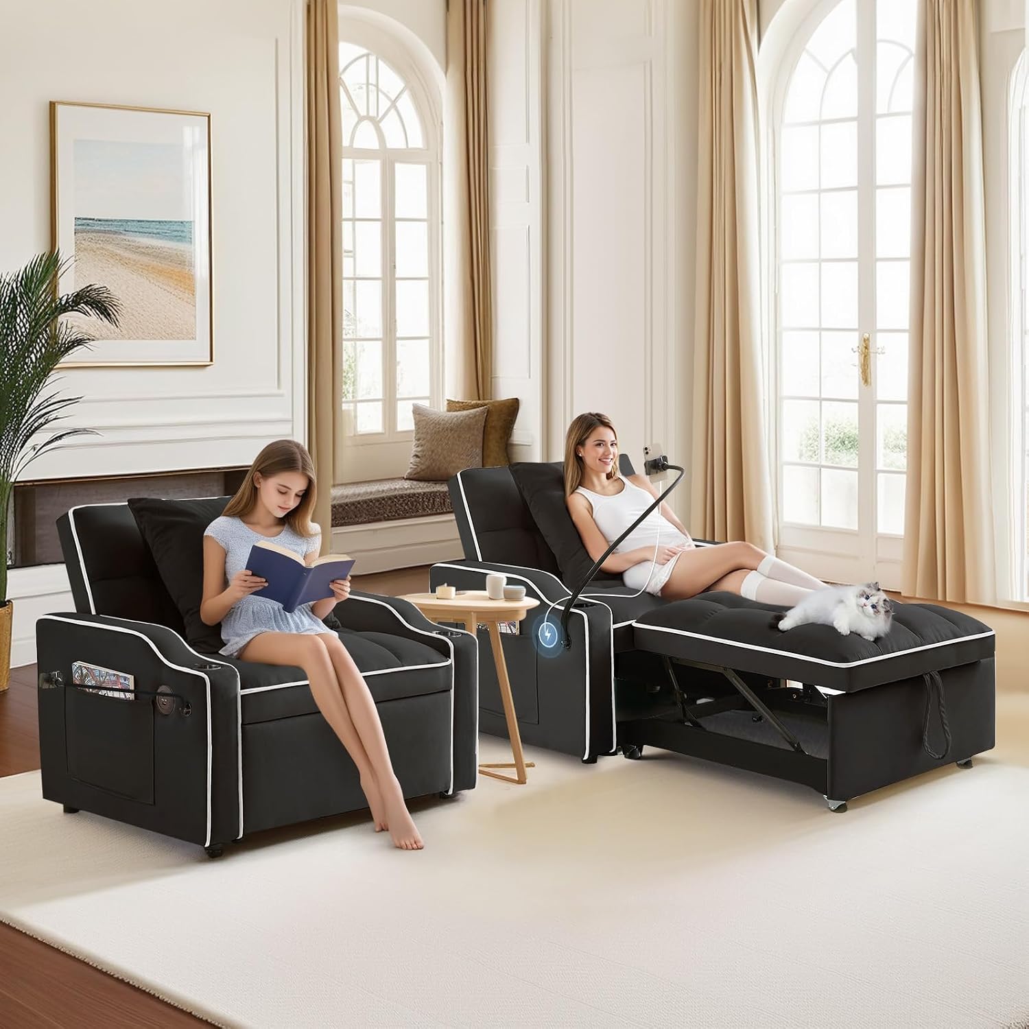 Sleeper Sofa Chair Bed with Charging Ports & Phone Holder & Cup Holder, Modern Velvet 3 in 1 Convertible Pull Out Single Sofa Chair Bed for Small Spaces Apartment, Black