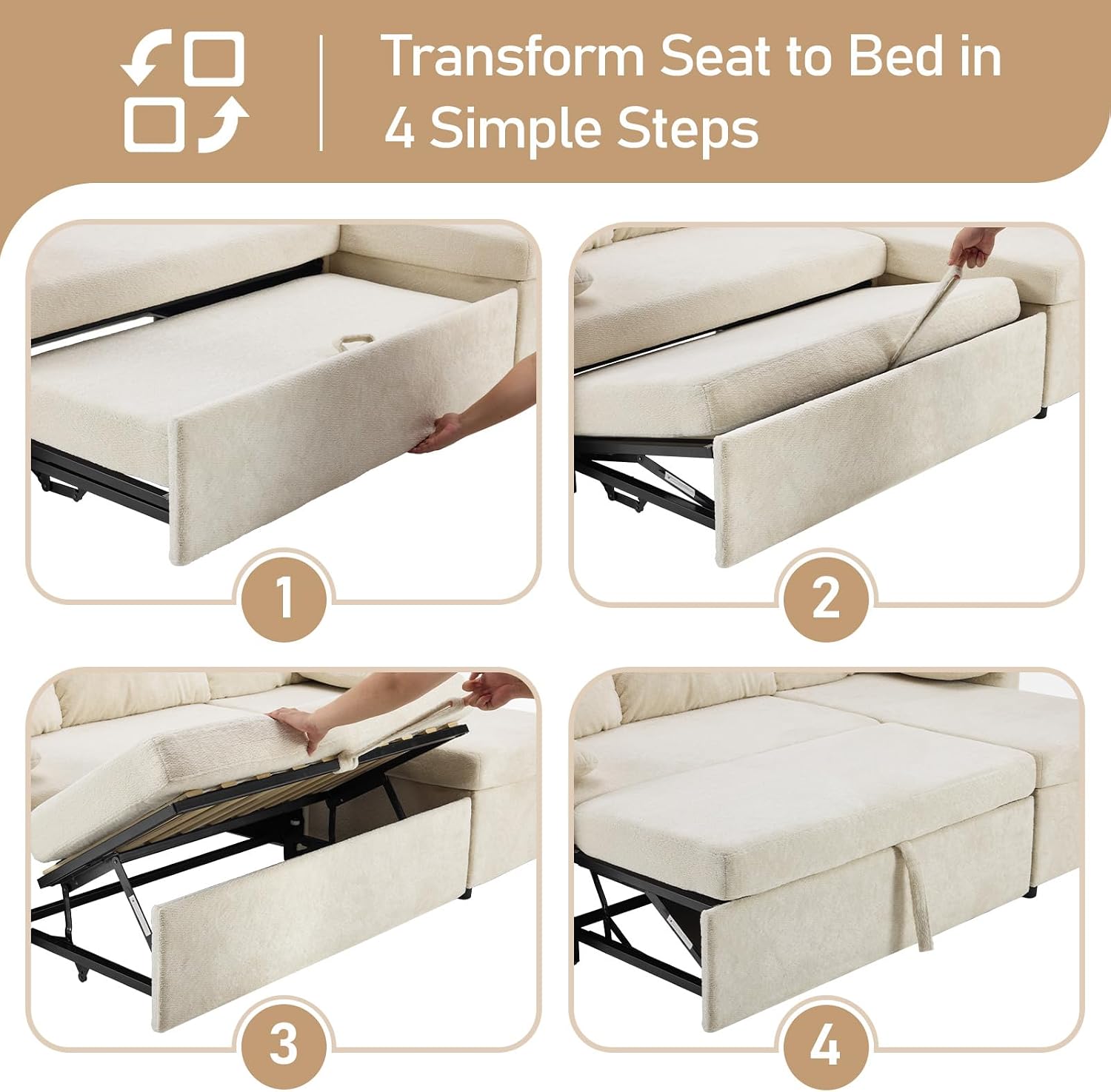 VINGLI Convertible Sofa Bed, U-Shape Sectional Couches for Living Room Sleeper Sofa with Pull Out Couch Bed Cloud-Like Plush Fleece Sofa Couch with Storage Chaise, USB Charging, Side Pockets