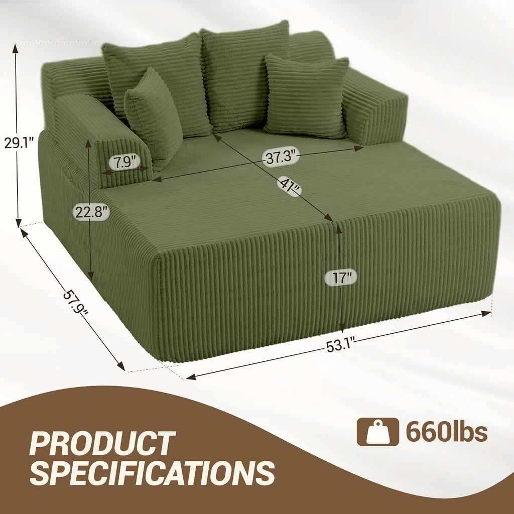 58' Chaise Lounge Chair Indoor, Green - Oversized Corduroy Boneless Sleeper Sofa Bed with Armrests and 4 Pillows, No Assembly for Living Room