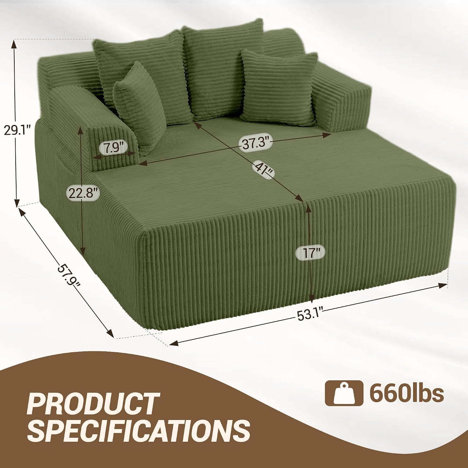 58' Chaise Lounge Chair Indoor, Green - Oversized Corduroy Boneless Sleeper Sofa Bed with Armrests and 4 Pillows, No Assembly for Living Room
