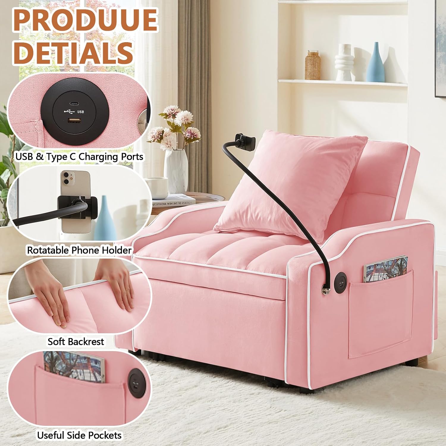 Majnesvon Modern Velvet Fabric Sofa Bed Futon,3 in 1 Convertible Pullout Bed Couches with 3 Reclining Backrests,Phone Stand,Small Sofa Single Sleeper Chair Bed for Living Room Bedroom (Pink)