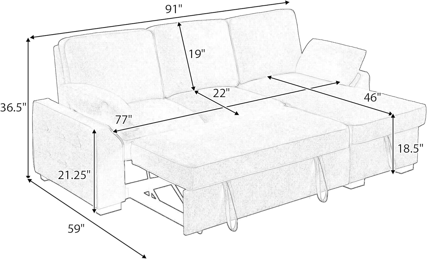 ERYE L-Shaped Pull Out Sleeper Sofa Bed, Modern Chenille Upholstered Button Tufted Corner Reversible Sleeper Sectional Sofa Couch with Storage Chaise, Drop-Down Table, Cup Holders and Charging Ports