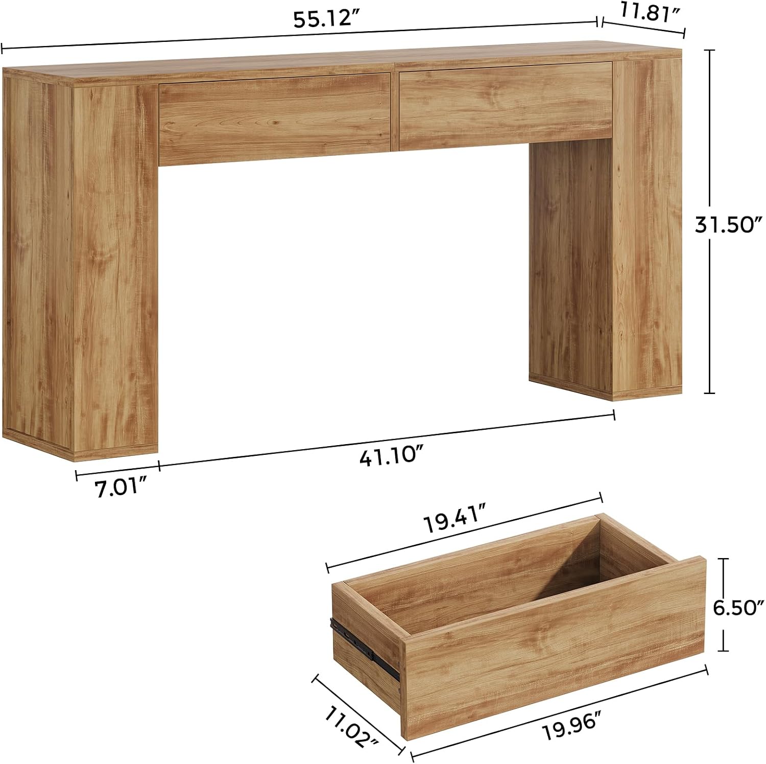 Farmhouse Console Table with LED Light and 2 Drawers, 55 inch Long Sofa Table Behind Couch, Narrow Entry Table for Entryway, Hallway, Entrance, Living Room (Light Brown)