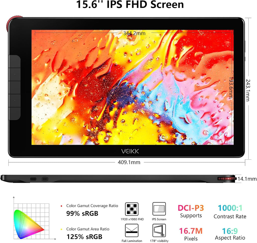 VEIKK Drawing Tablet with Screen 15.6' Graphics Tablet, Studio 16 Art Tablet with 16384 Pen Pressure,Adjustable Stand,Quick Dial and 5 Shortcut Keys, 125% sRGB