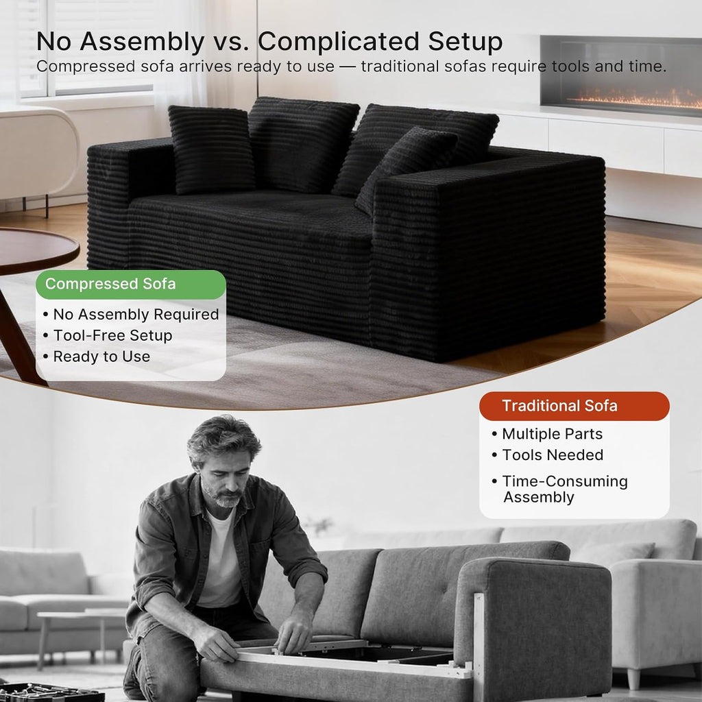 2-Seater Loveseat Sofa - Deep-Seat Corduroy No Assembly Lounge Sleeper, Frameless Foam Cloud Loveseat for Living Room, Bedroom, Apartment, Dorm, Office