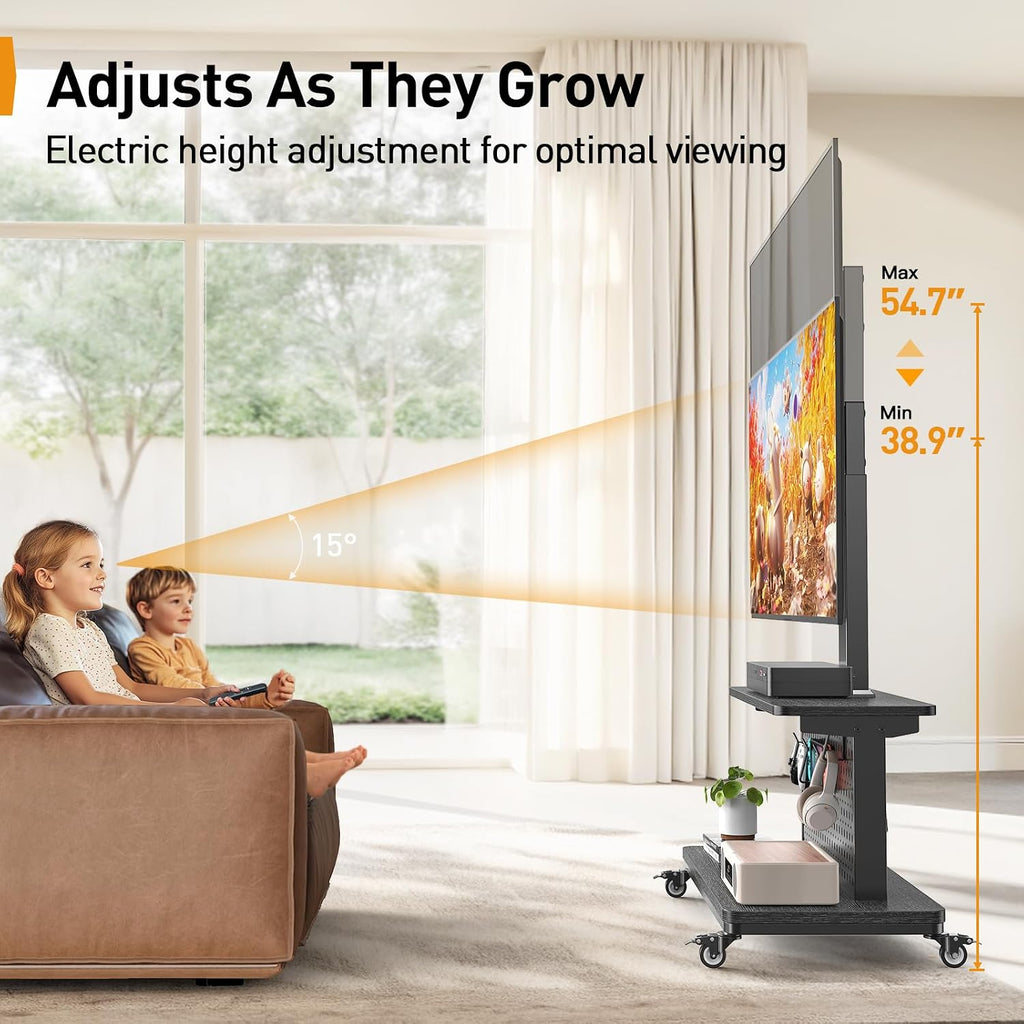Perlegear Motorized Mobile TV Stand on Wheels, Electric Height Adjustable TV Cart for 32-80″ TVs up to 100 lbs, Rolling TV Stand with Remote Control, 4 Height Memory, ±35° Swivel with Pegboard Storage