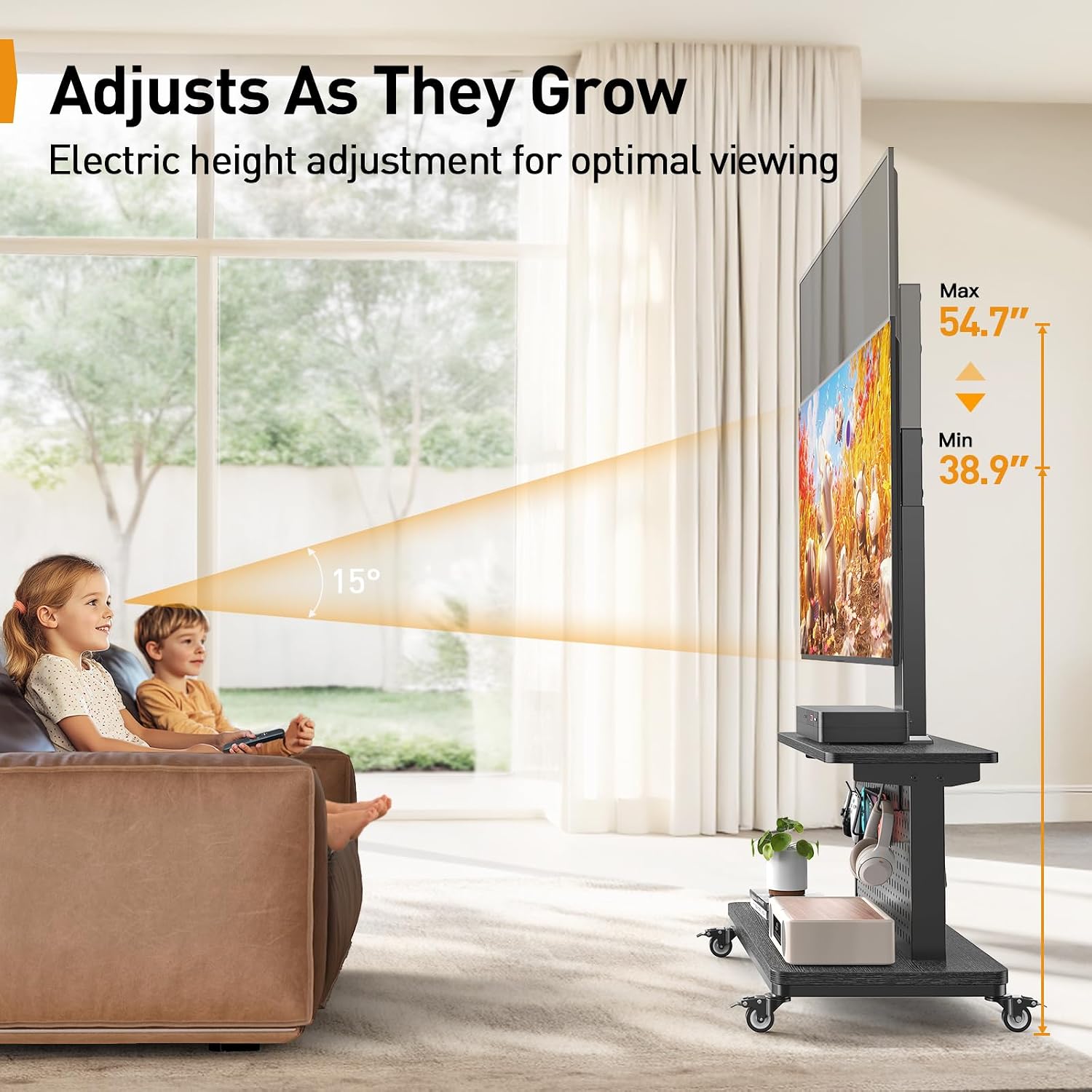Perlegear Motorized Mobile TV Stand on Wheels, Electric Height Adjustable TV Cart for 32-80″ TVs up to 100 lbs, Rolling TV Stand with Remote Control, 4 Height Memory, ±35° Swivel with Pegboard Storage