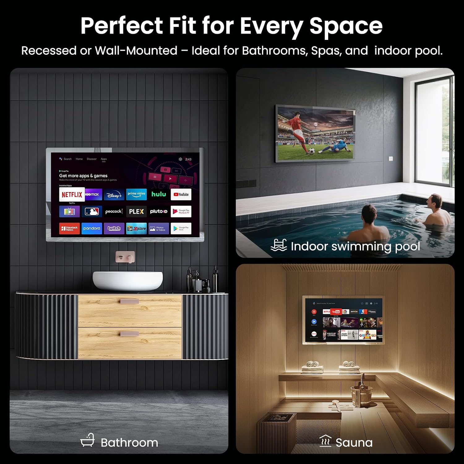Haocrown 32' 4K Ultra HD Smart Bathroom Mirror TV, IP66 Waterproof, Android 13 System with Voice Remote,ATSC Tuner, 500 cd/㎡ High Brightness (Black Frame, 2025 Model)