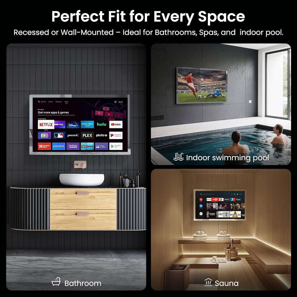 Haocrown 32' Bathroom Mirror TV, 4K Smart Waterproof TV (IP66), Android 13, Voice Remote with Mic, Built-in Apps, ATSC Tuner, 500 Nits, Wall Mount, Silver Frame (2025)
