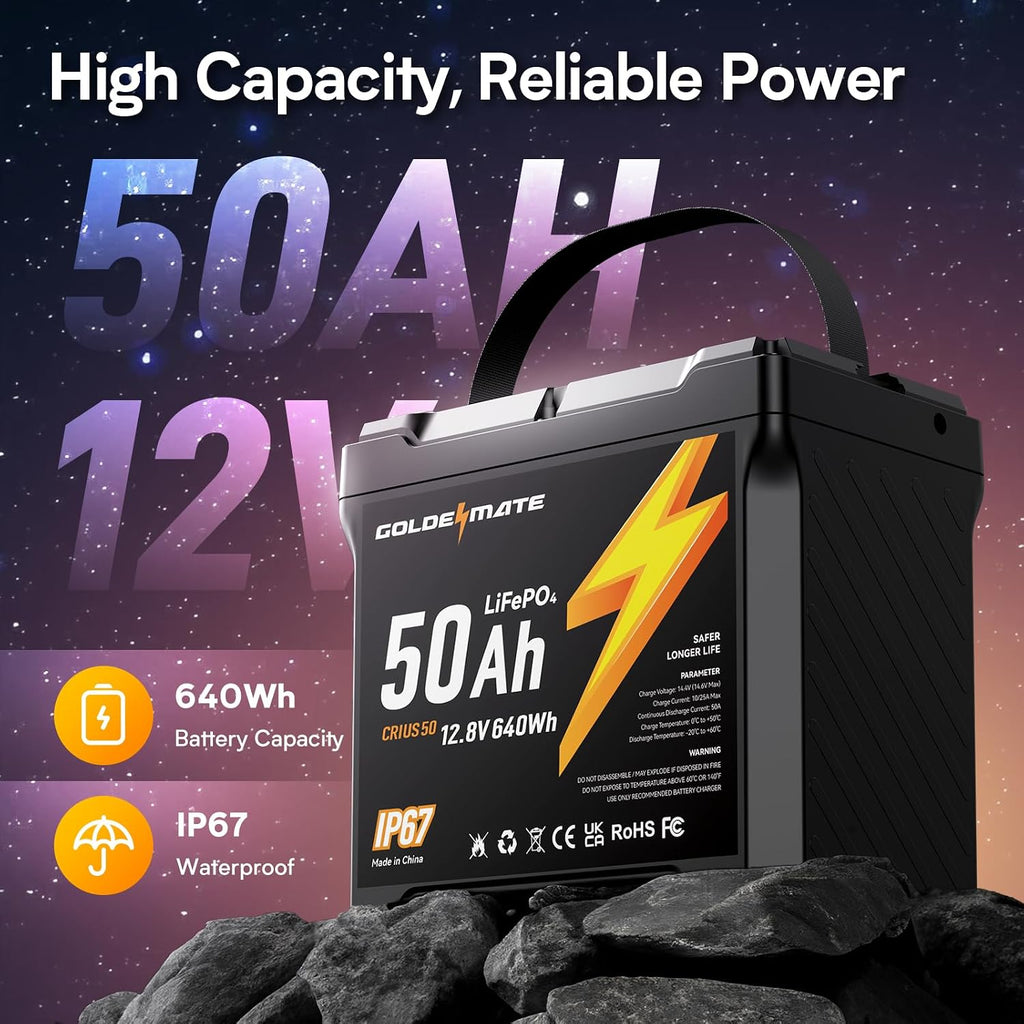 GOLDENMATE 12V 50Ah LiFePO4 Battery, IP67 Waterproof, 5000+ Deep Cycles, Built-in BMS & Grade A Lithium Iron Phosphate Battery Cell, Ideal for RV, Camping, Solar, Marine, Trolling Motor, Off-grid Sets