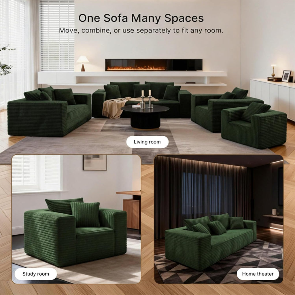 3-Seater Deep-Seat Corduroy Lounge Sleeper Sofa, No Assembly Frameless Foam Cloud Couch, Comfy Plush for Living Room Bedroom Apartment Dorm Office（Green）