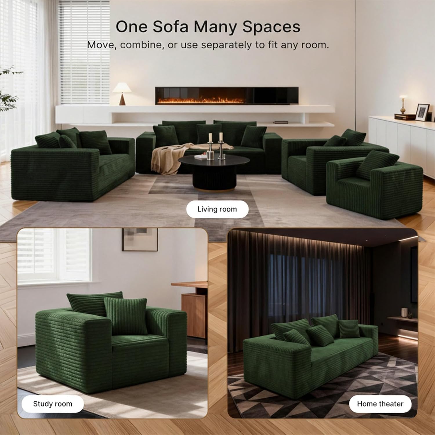 3-Seater Deep-Seat Corduroy Lounge Sleeper Sofa, No Assembly Frameless Foam Cloud Couch, Comfy Plush for Living Room Bedroom Apartment Dorm Office（Green）