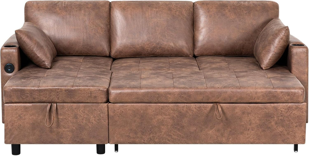 84' L-Shape Pull Out Sofa Bed with Adjustable Backrest, Upholstered Sectional Sleeper Sofa with Storage Chaise, Suede Leather Reversible Couch Bed with USB Port for Living Room, House, Brown