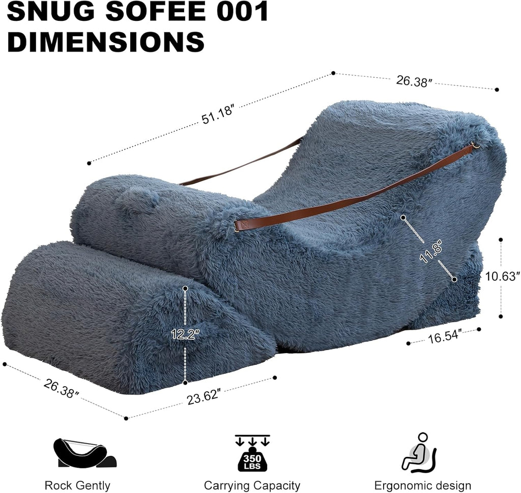 3-in-1 Adjustable Zero Gravity Floor Chair, Oversized Faux Fur Boneless Chair for Adults with Memory Foam & Washable Cover, Silent Rocker Recliner Lounge Chair for Reading, Nursing, Gaming, Bluegray