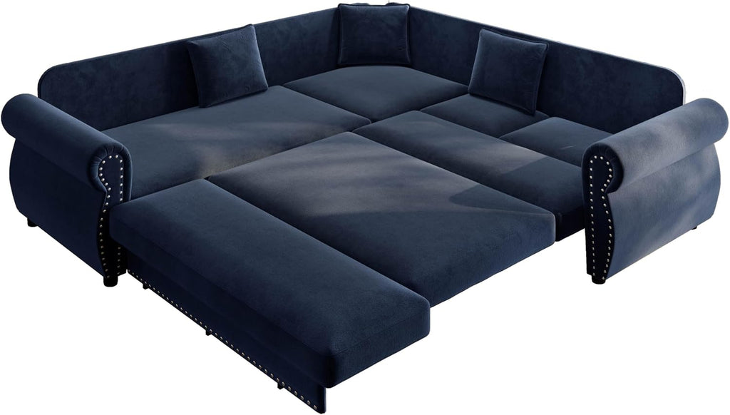 88.2'' Pull Out Couch Bed King, L Shaped Convertible Sleeper Sofa, 4-Seater Couches with Rivet Armrests, 3 Pillows, Chenille Upholstery, Futon Sofa Bed for Living Room, Apartment, Office, Blue