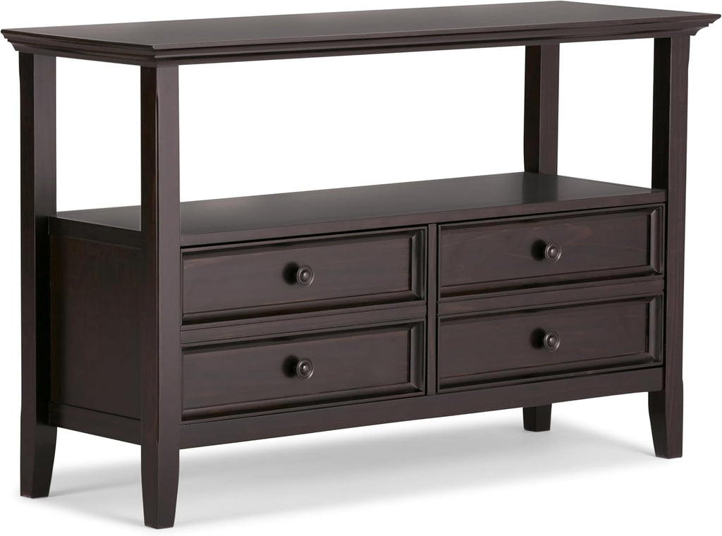 SIMPLIHOME Amherst Console Table - 48 Inch Wide Solid Wood Sofa Table in Hickory Brown, Transitional Storage Table for Entryway or Living Room with 2 Deep Drawers and Large Open Shelf