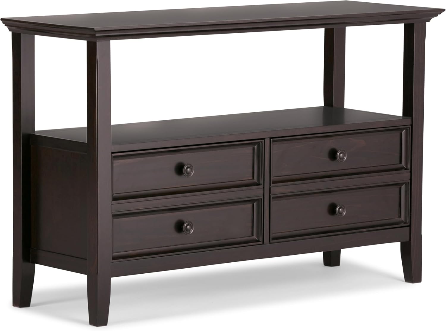 SIMPLIHOME Amherst Console Table - 48 Inch Wide Solid Wood Sofa Table in Hickory Brown, Transitional Storage Table for Entryway or Living Room with 2 Deep Drawers and Large Open Shelf