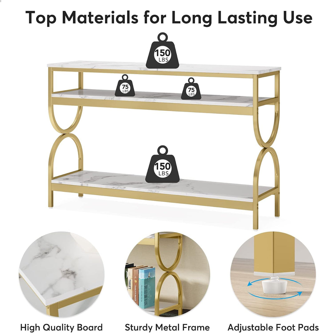 Tribesigns 3-Tier Console Table, 55 inch Sofa Table with Open Storage Shelves, Narrow Long Hallway/Entryway Table with Faux Marble Top for Home Living Room Entryway, White & Gold