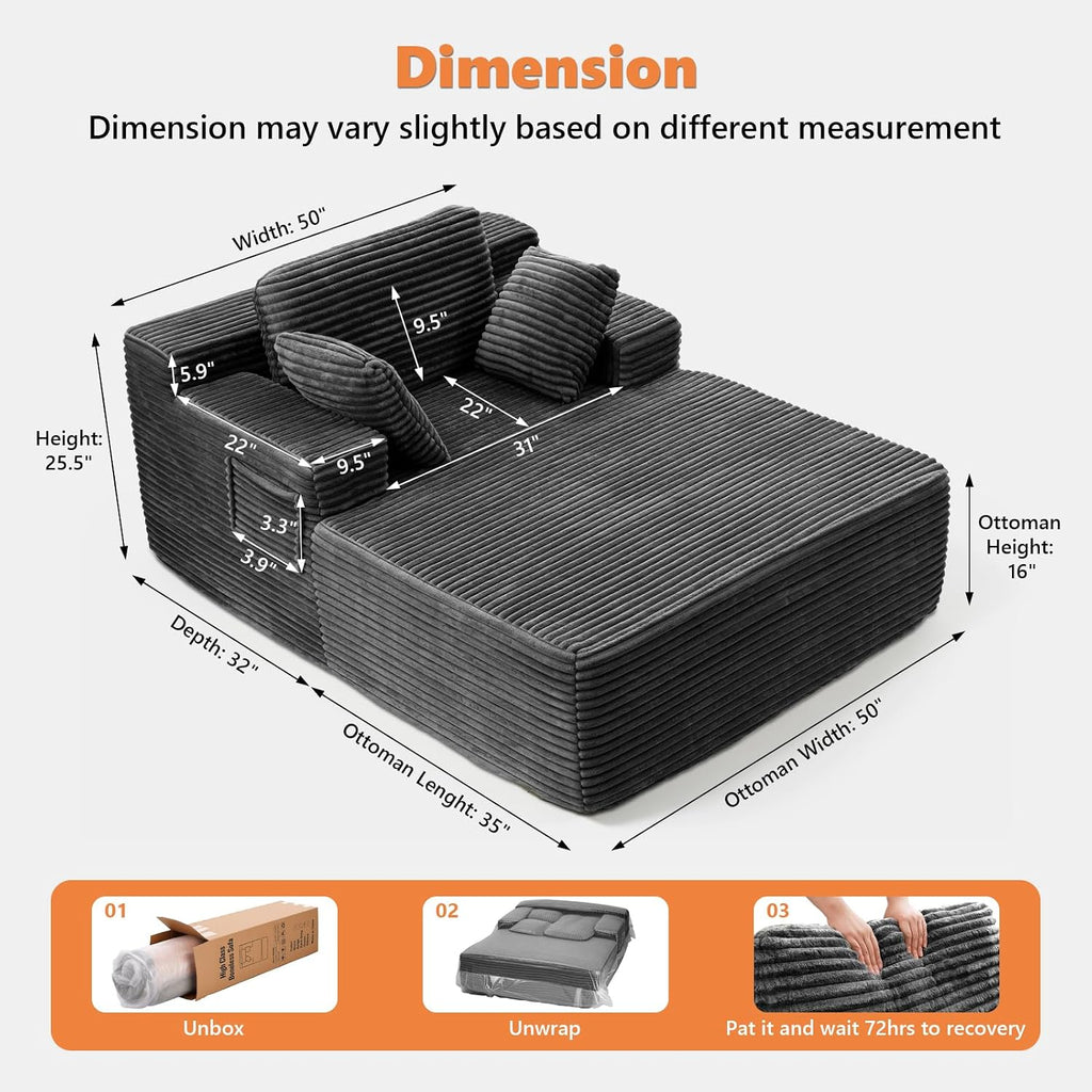 67' Oversized Chaise Lounge Chair Indoor with Double Side Pockets, Corduroy Deep Seat Couch, Boneless Couches for Living Room, No Assembly, Grey