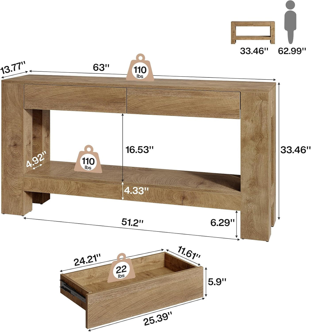Tribesigns 63' Console Table with 2 Drawers, Farmhouse Entryway Table with Storage Shelf and Sturdy Legs, Wooden Sofa Table for Living Room, Hallway, Entrance (Brown)