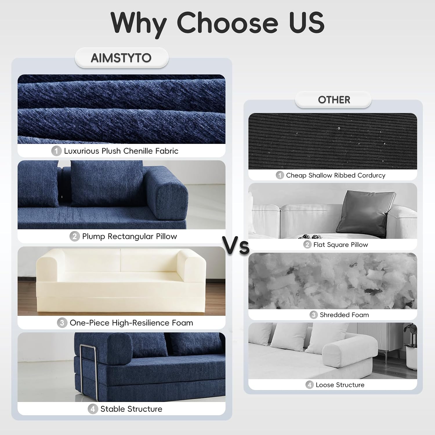 5-in-1 Convertible Folding Sofa Bed, 79' Queen Chenille Boneless Couch with Removable Armrests, No Assembly Loveseat Sleeper Sofa, Modular Futon Couch for Living Room & Bedroom (Blue)
