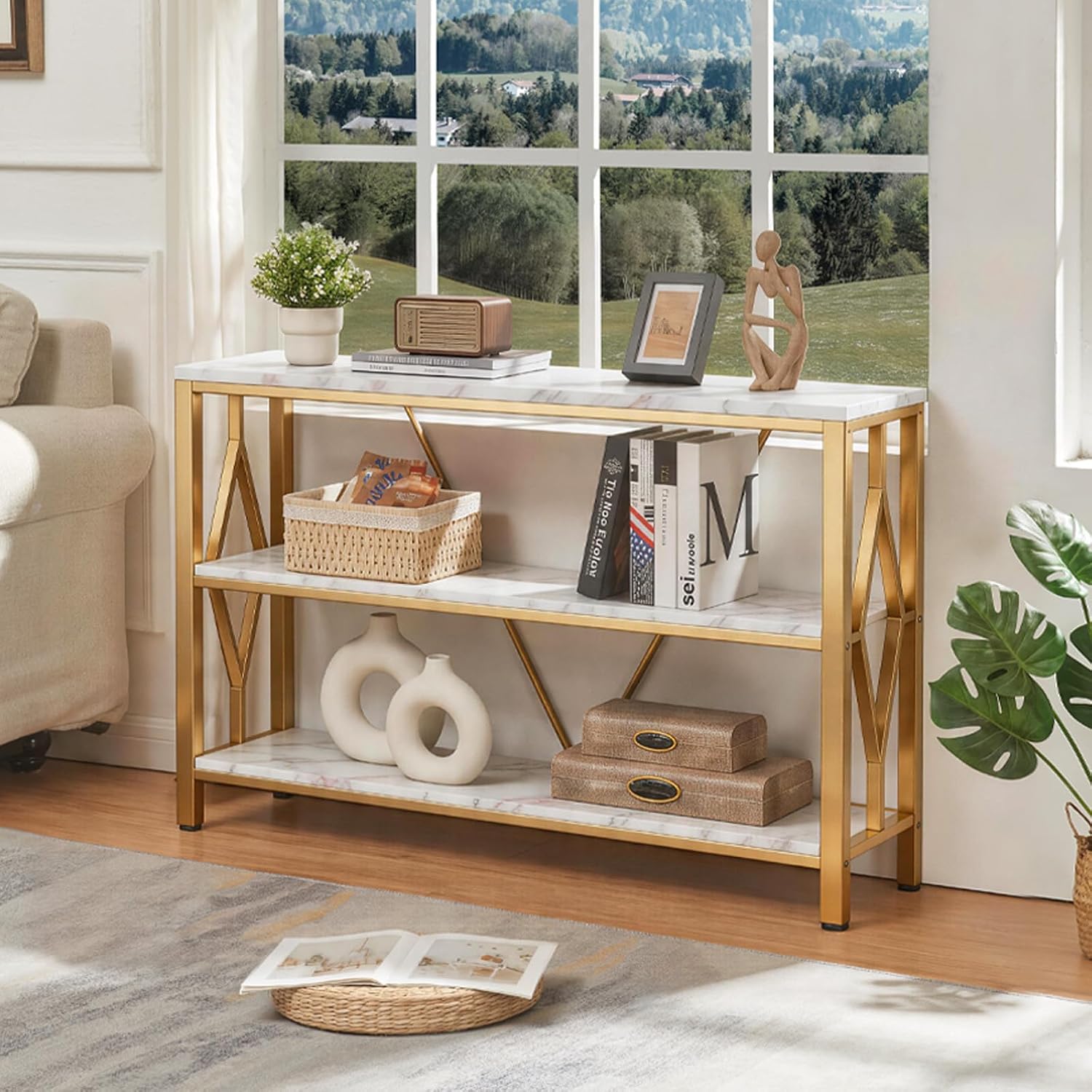 HOMISSUE Sofa Console Table, Rustic Console Table with 3-Tier Storage, Engineered Wood Sofa Tables with Open Shelves, Heavy Duty Entryway Tables for Living Room, Hallway (47 Inch, Gold)