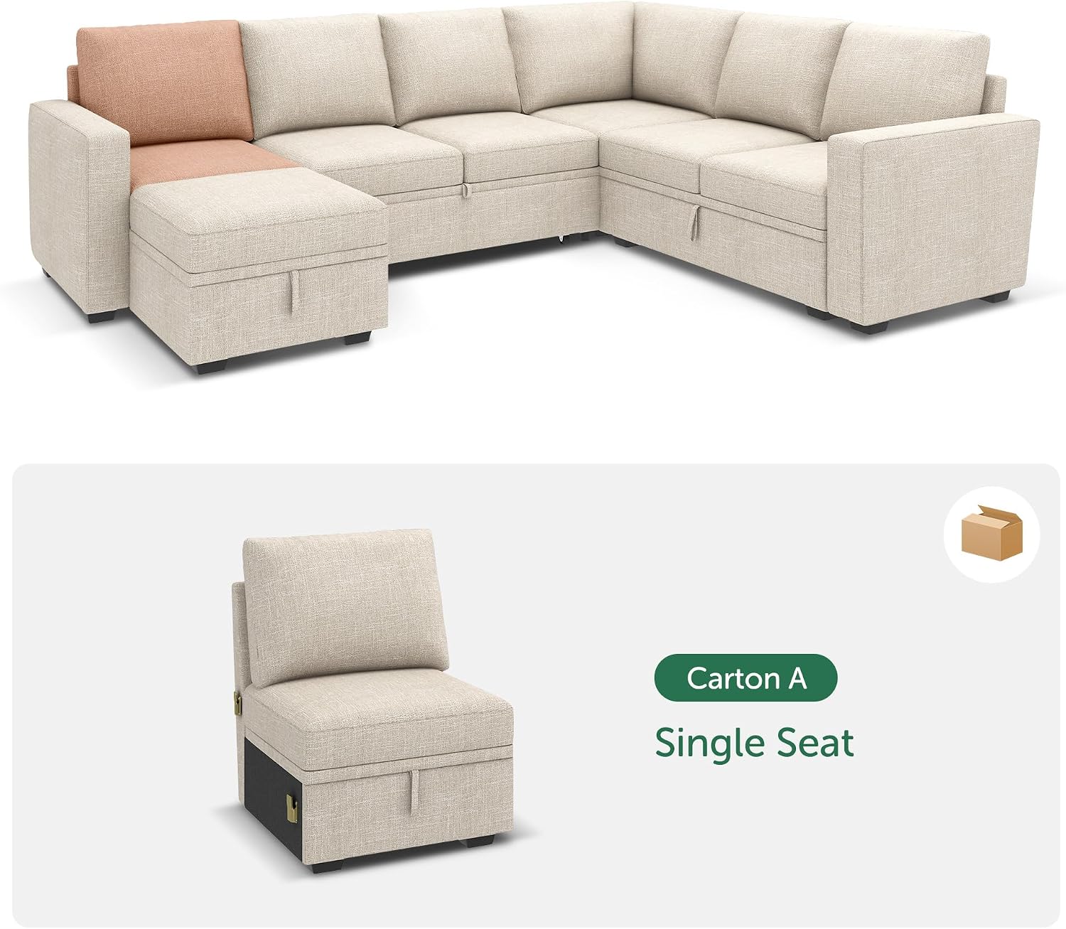 HONBAY Single Seat for Modular Sectional Sleeper Sofa with Pull Out Bed, Customizable Armless Chair for Sectional Couch, Beige