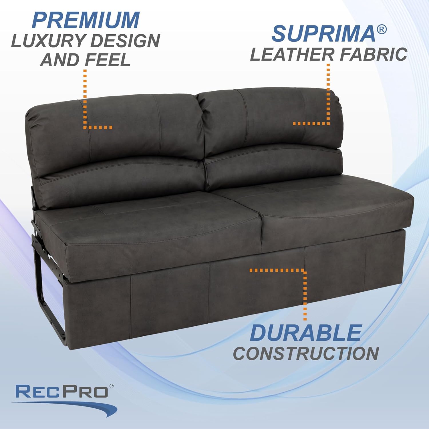 RecPro Charles RV Jackknife Sofa | Love Seat | Sleeper Sofa | Length Options 62', 68', 72' (68 Inch, Gunmetal)