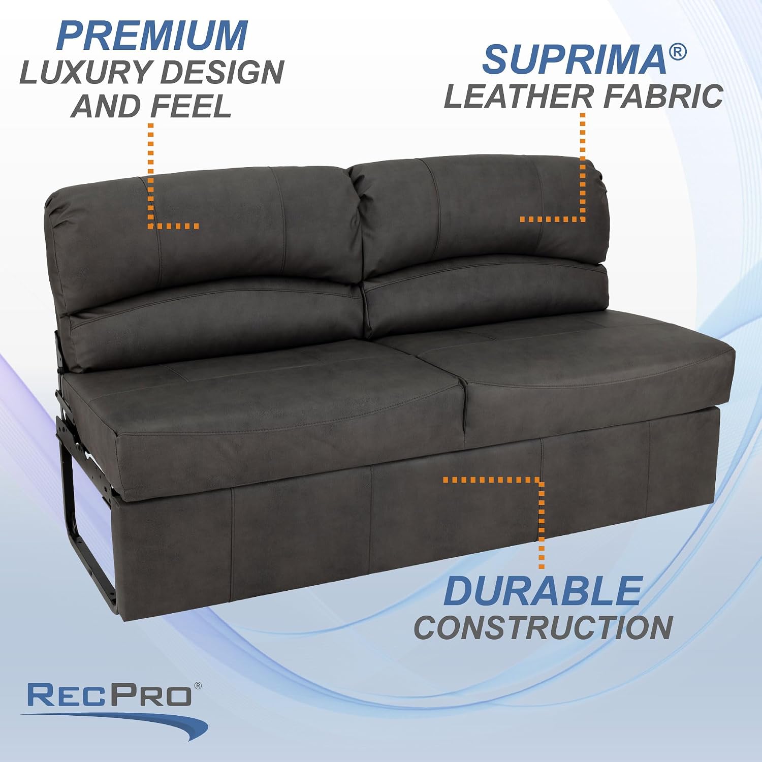 RecPro Charles RV Jackknife Sofa | Love Seat | Sleeper Sofa | Length Options 62', 68', 72' | 11' Legs and Hardware Included (72 Inch, Gunmetal)