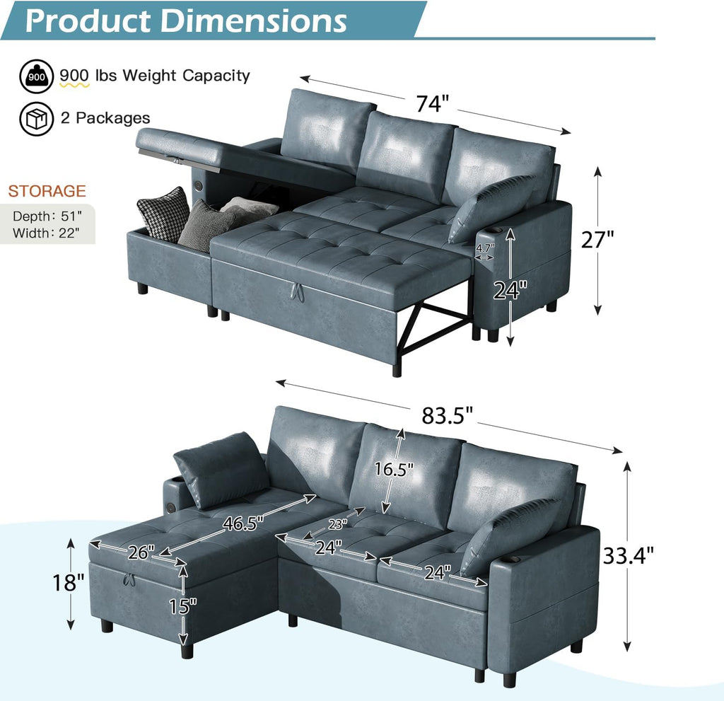 Esright Leather Sleeper Sofa, Pull Out Couch with Reversible Chaise, Suede Leather Sleeper Sofa with Storage, USB, Cup Holder, Pullout Sectional Couches for Living Room Apartment, Blue | Sofa with Storage, Reversible Chaise, USB Port