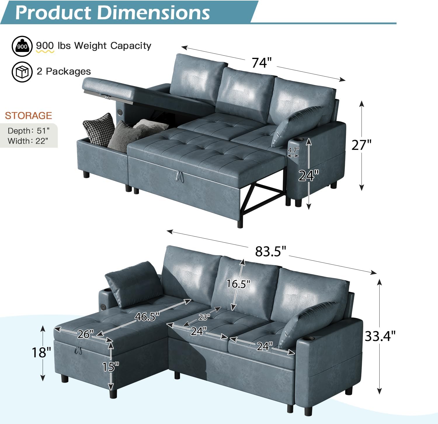 Esright Leather Sleeper Sofa, Pull Out Couch with Reversible Chaise, Suede Leather Sleeper Sofa with Storage, USB, Cup Holder, Pullout Sectional Couches for Living Room Apartment, Blue | Sofa with Storage, Reversible Chaise, USB Port
