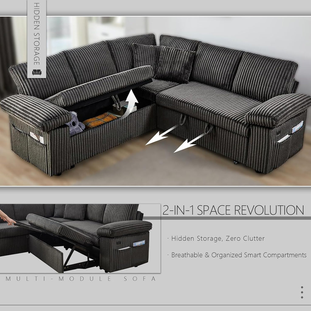 81' Modular Sectional Sofa, L Shaped 5-Seater Sleeper Sofa with Pull Out Bed, Hidden Storage& USB Charging Ports, Sectional Couches for Living Room(Corduroy, Black Grey)