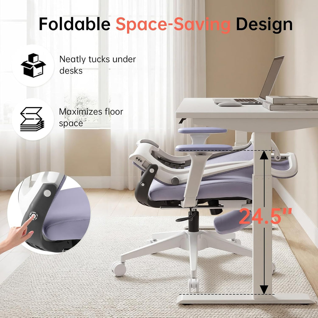 Foldable Office Chair with Foot Rest, Ergonomic Office Chair with Adjustable Lumbar Support, Headrest, Armrest, Home Office Desk Chair for Space Saving, Work from Home, Purple