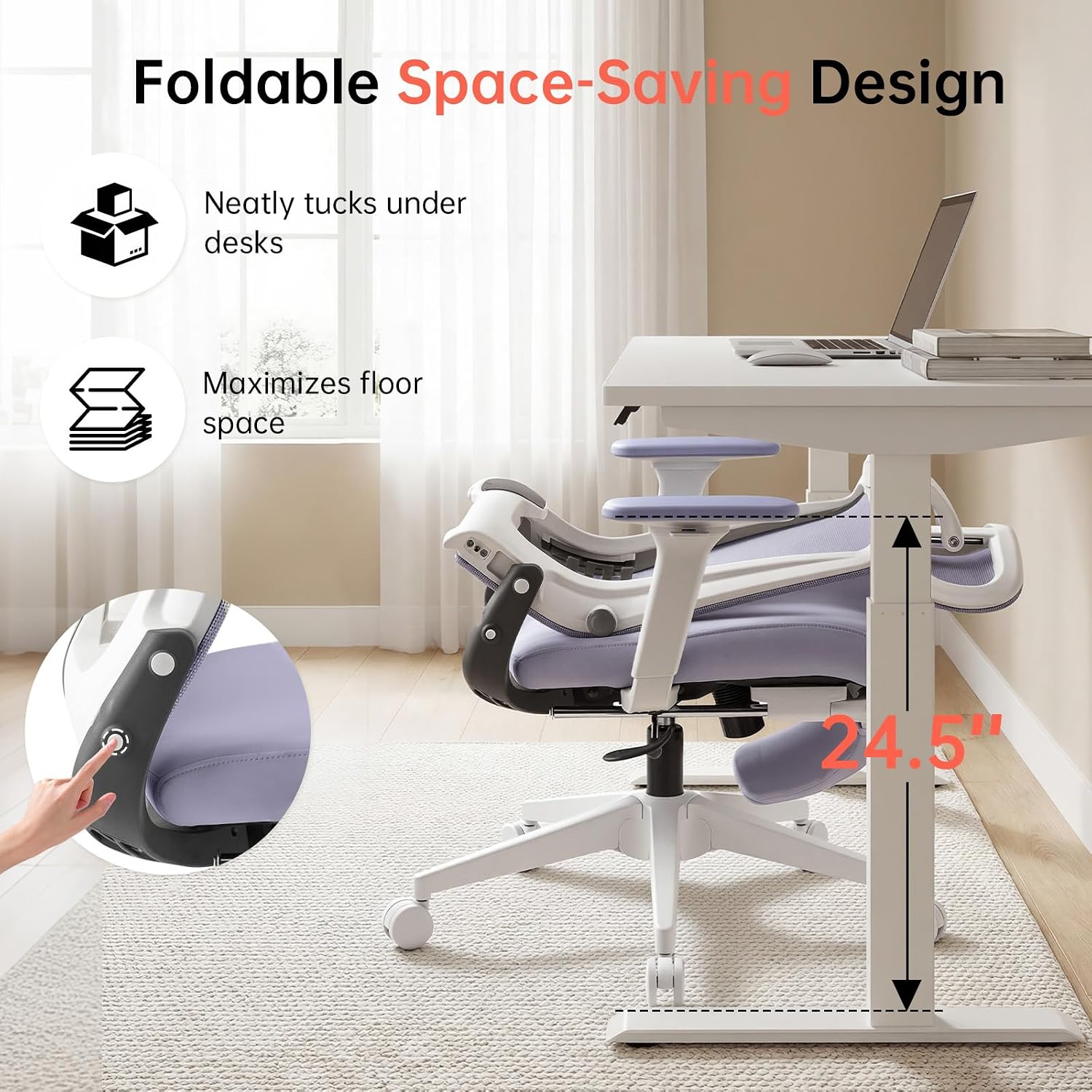 Foldable Office Chair with Foot Rest, Ergonomic Office Chair with Adjustable Lumbar Support, Headrest, Armrest, Home Office Desk Chair for Space Saving, Work from Home, Purple