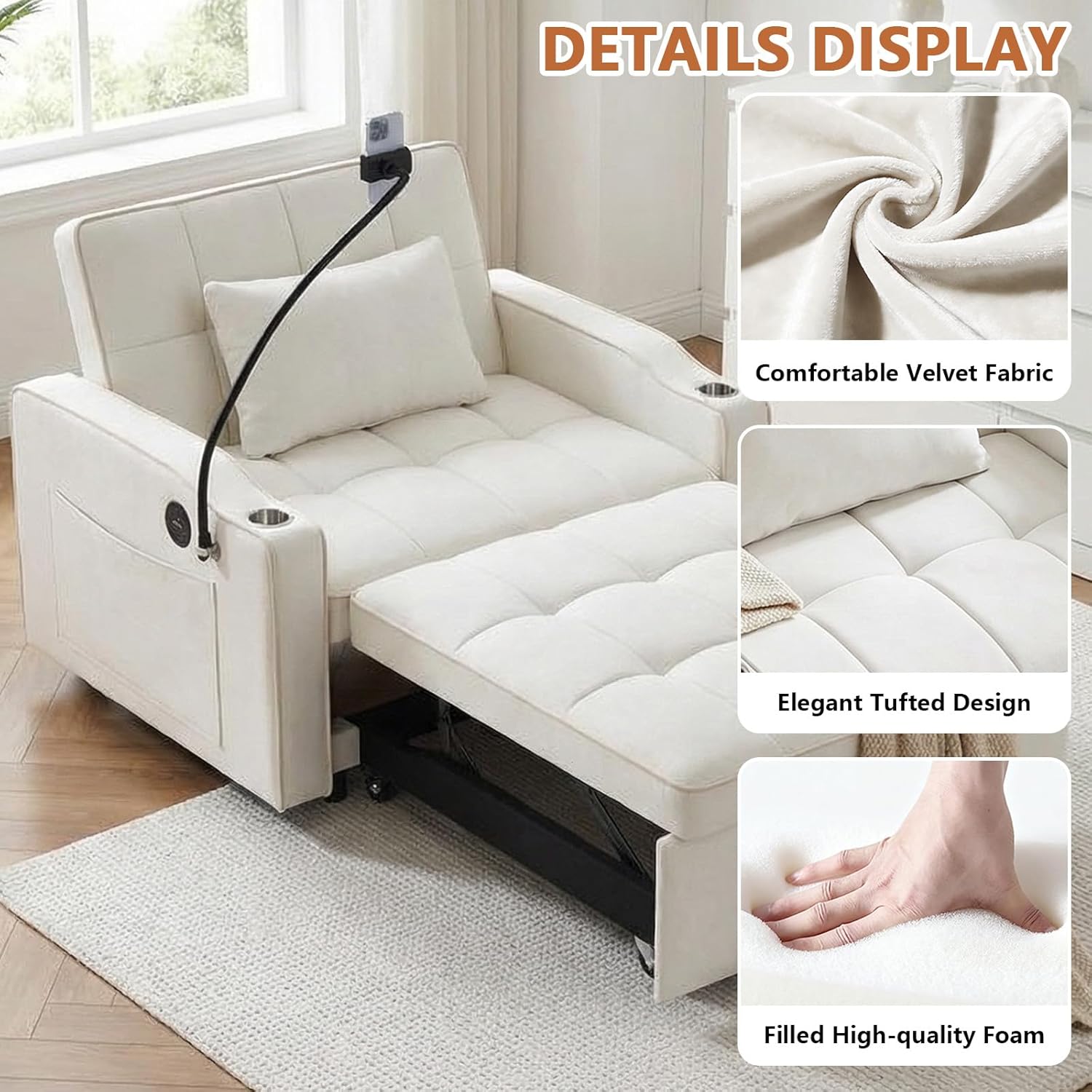 Majnesvon Modern Velvet Fabric Sofa Bed Futon,3 in 1 Convertible Pullout Bed Couches with 3 Reclining Backrests,Phone Stand,Small Sofa Single Sleeper Chair Bed for Living Room Bedroom (Beige)