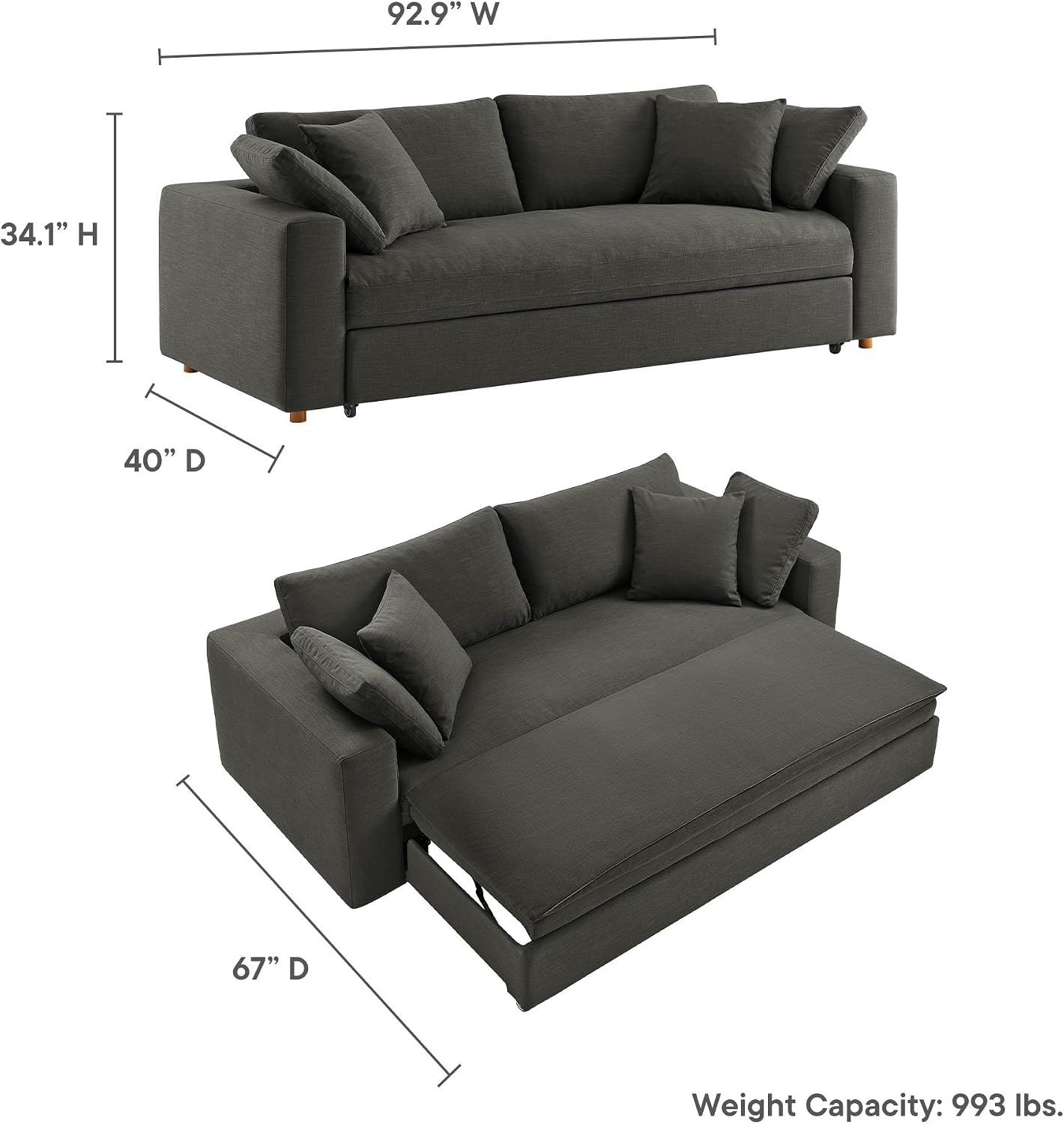 Modway Commix Down Filled Fabric Sleeper Sofa in Gray