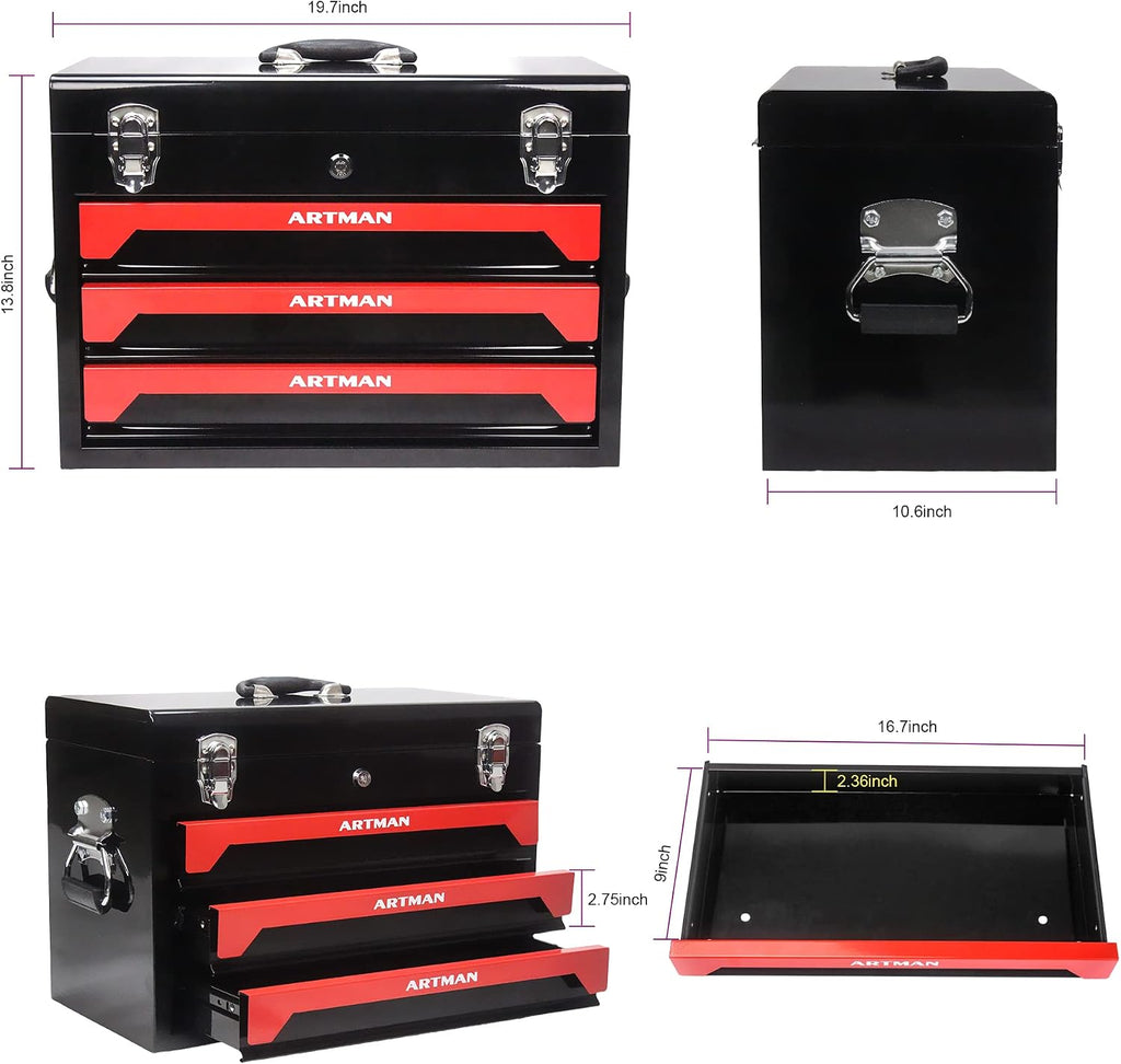 439 Piece Mechanics Tool Set, 3 Drawer Heavy Duty Metal Box with Household Tool Kit, Portable Tool Organizer Case for Auto Repair, Garage, Warehouse, Workshop, Repair Shop (Red & Black)