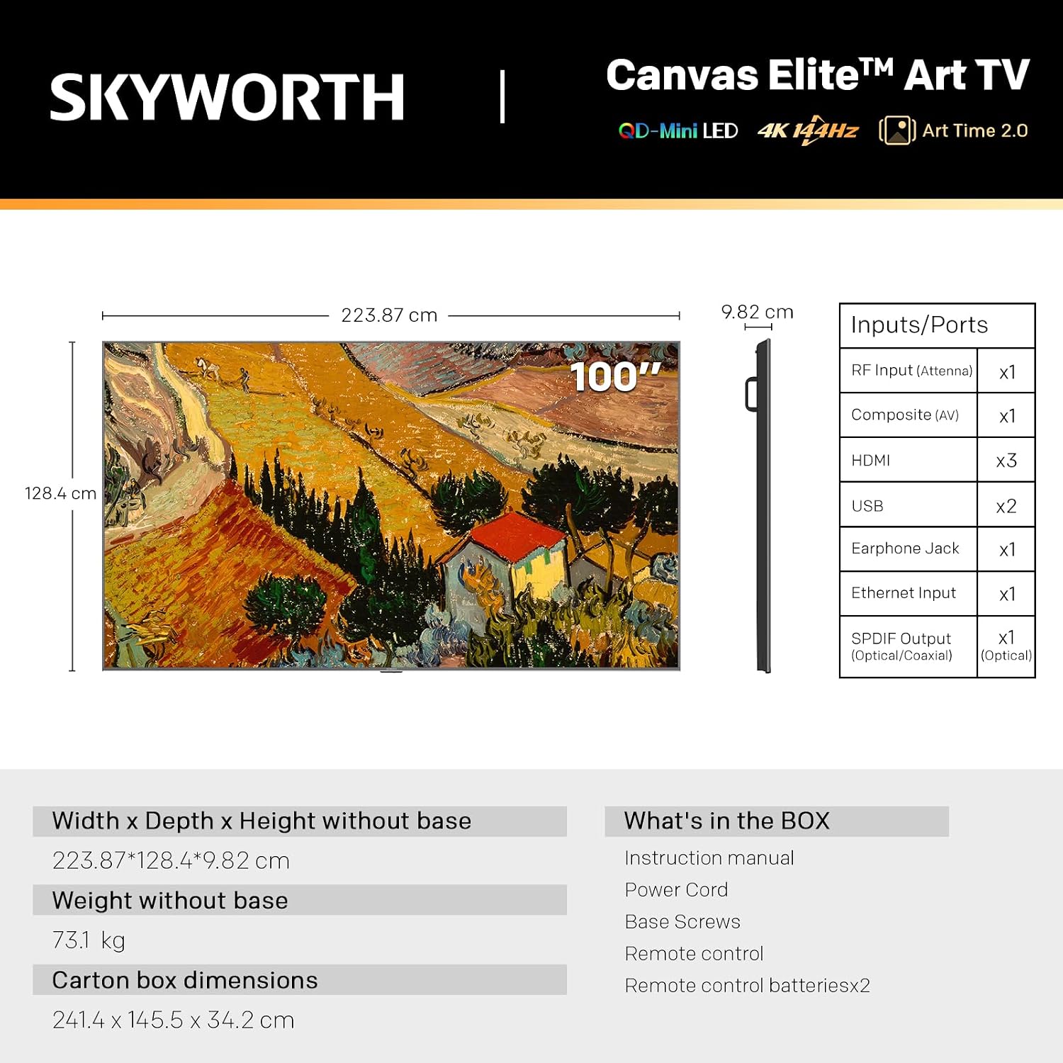 Skyworth 100-Inch Canvas Elite™ Art TV, QD-Mini LED, 4K UHD, GTV, 144Hz, HDMI, USB, Bluetooth