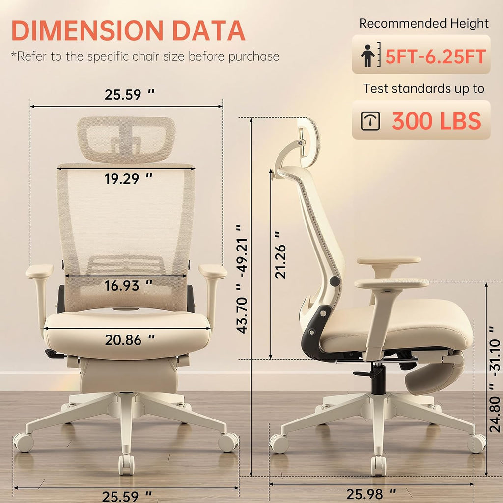 Foldable Office Chair with Foot Rest, Ergonomic Office Chair with Adjustable Lumbar Support, Headrest, Armrest, Home Office Desk Chair for Space Saving, Work from Home, Cream