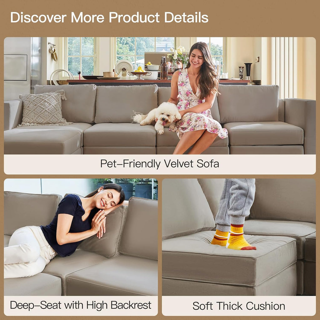 Belffin 88.6' 9 Seat Modular Sectional Sofa,Comfy Couch with Deep Storage Seat,Convertible Modular Sleeper Sofa with Movable Ottoman Chaise,Upholstered Sectional Couches for Living Room,Grey Velvet