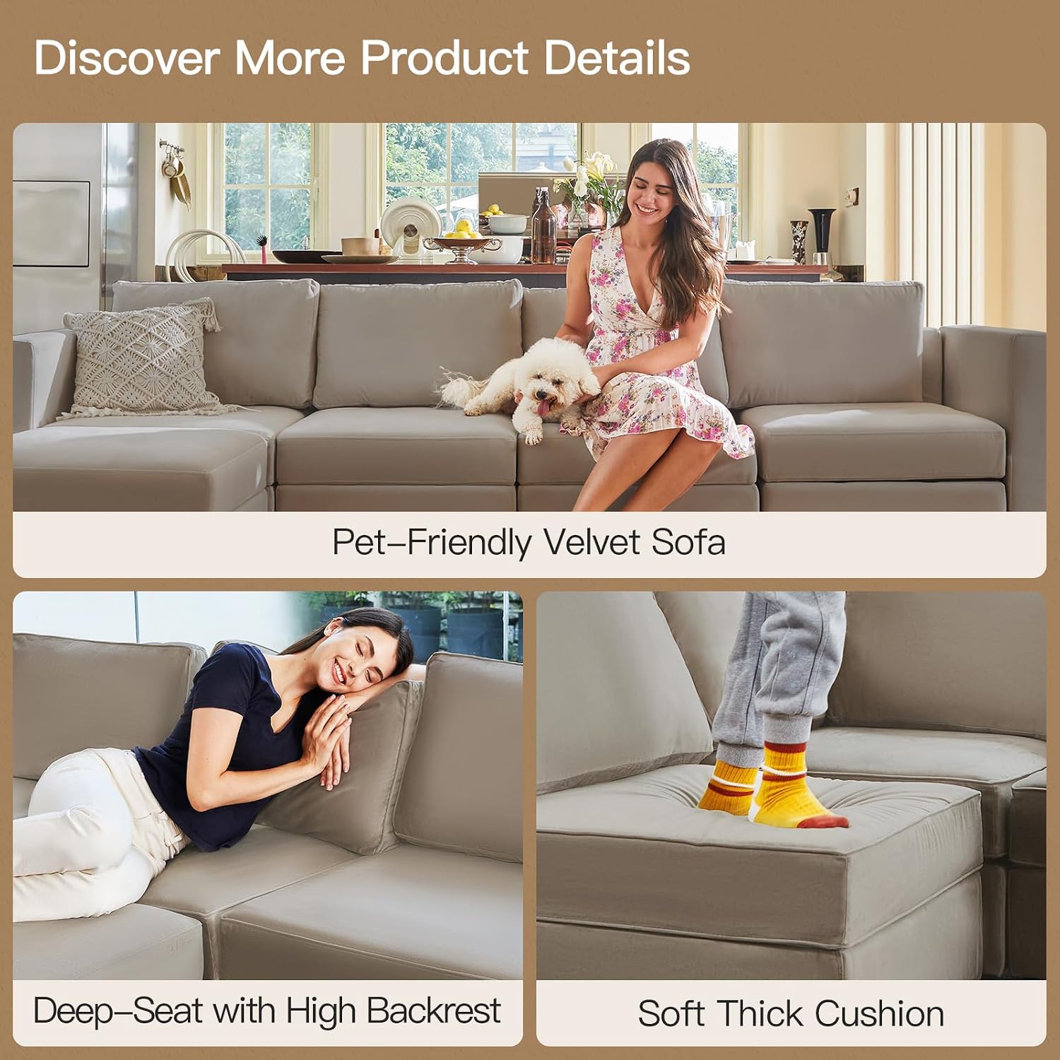 Belffin 88.6' Modular Sectional Sofa,Couch with Deep Seat,Convertible 6 Seat Sleeper Sofa Couch with Movable Storage Ottoman Chaise,Comfy Upholstered Sectional Couches for Living Room,Grey Velvet