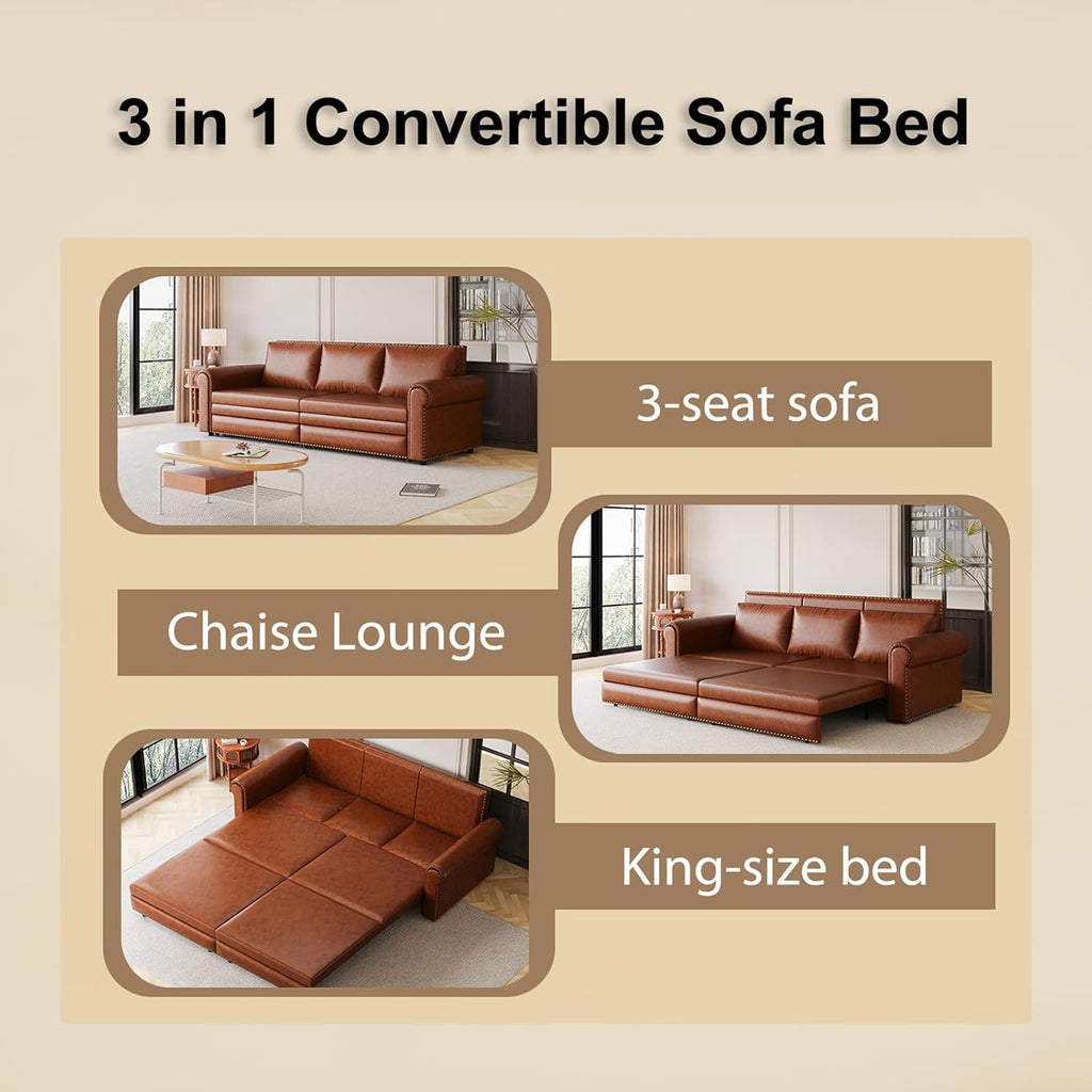 Faux Leather Sleeper Sofa Couch with Pullout Bed, 93.7' King Size Sleeper Sofa Bed, 3 in 1 Convertible Sofa Bed with Nailhead Trim & Rolled Arm for Living Room Bedroom Office (Light Brown)