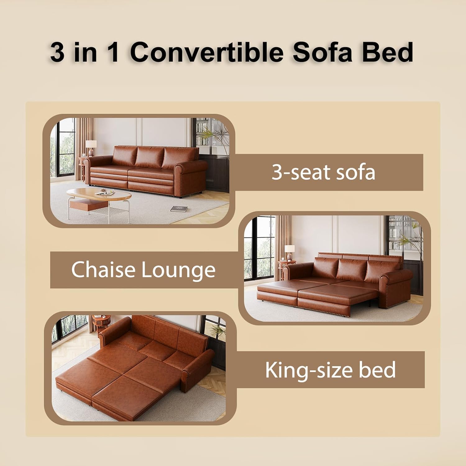 Faux Leather Sleeper Sofa Couch with Pullout Bed, 93.7' King Size Sleeper Sofa Bed, 3 in 1 Convertible Sofa Bed with Nailhead Trim & Rolled Arm for Living Room Bedroom Office (Light Brown)