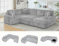Oversized Sectional Sleeper Sofa with Pull Out Bed,3 Pillows,Type-C USB Port,Storage Chaise Lounge,U-Shaped 7 Seat Fuzzy Rabbit Plush Large Sectional Sofa Bed for Living Room,122 Inch,Grey