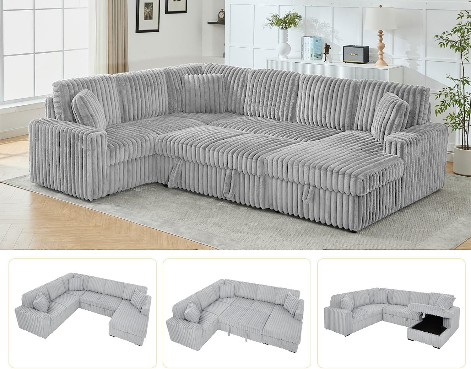 Oversized Sectional Sleeper Sofa with Pull Out Bed,3 Pillows,Type-C USB Port,Storage Chaise Lounge,U-Shaped 7 Seat Fuzzy Rabbit Plush Large Sectional Sofa Bed for Living Room,122 Inch,Grey