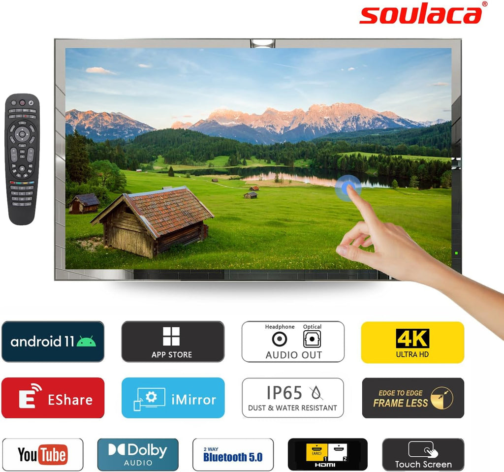 Soulaca 43 inches Smart Full Touchscreen Android Mirror 4K LED TV Big Screen IP65 Waterproof Built-in WiFi Bluetooth ATSC DTV Tuner Hotel SPA Kitchen Hair Salon