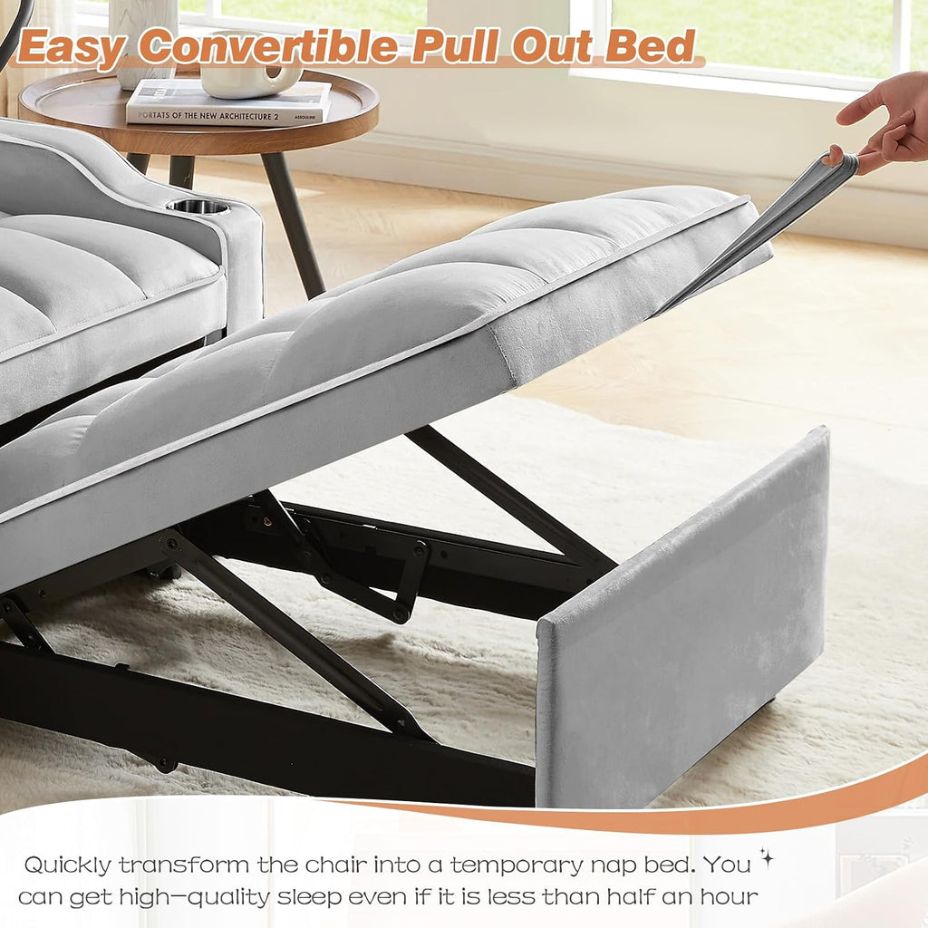 Antetek Sleeper Sofa Chair Bed with Charging Ports & Phone Holder & Cup Holder, Modern Velvet 3 in 1 Convertible Pull Out Single Sofa Chair Bed for Small Spaces Apartment, Light Grey