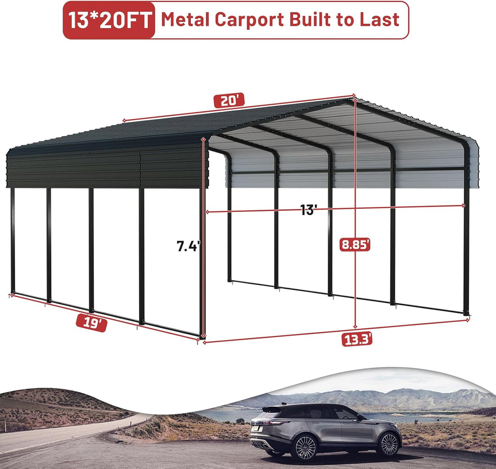 NUGRIART Metal Carport 13 x 20 FT with Heavy Duty Frame & Galvanized Steel Roof, Metal Car Garage, Sturdy Canopy Shelter for Car, Truck, Pickup, SUV, Tractor, and Boat