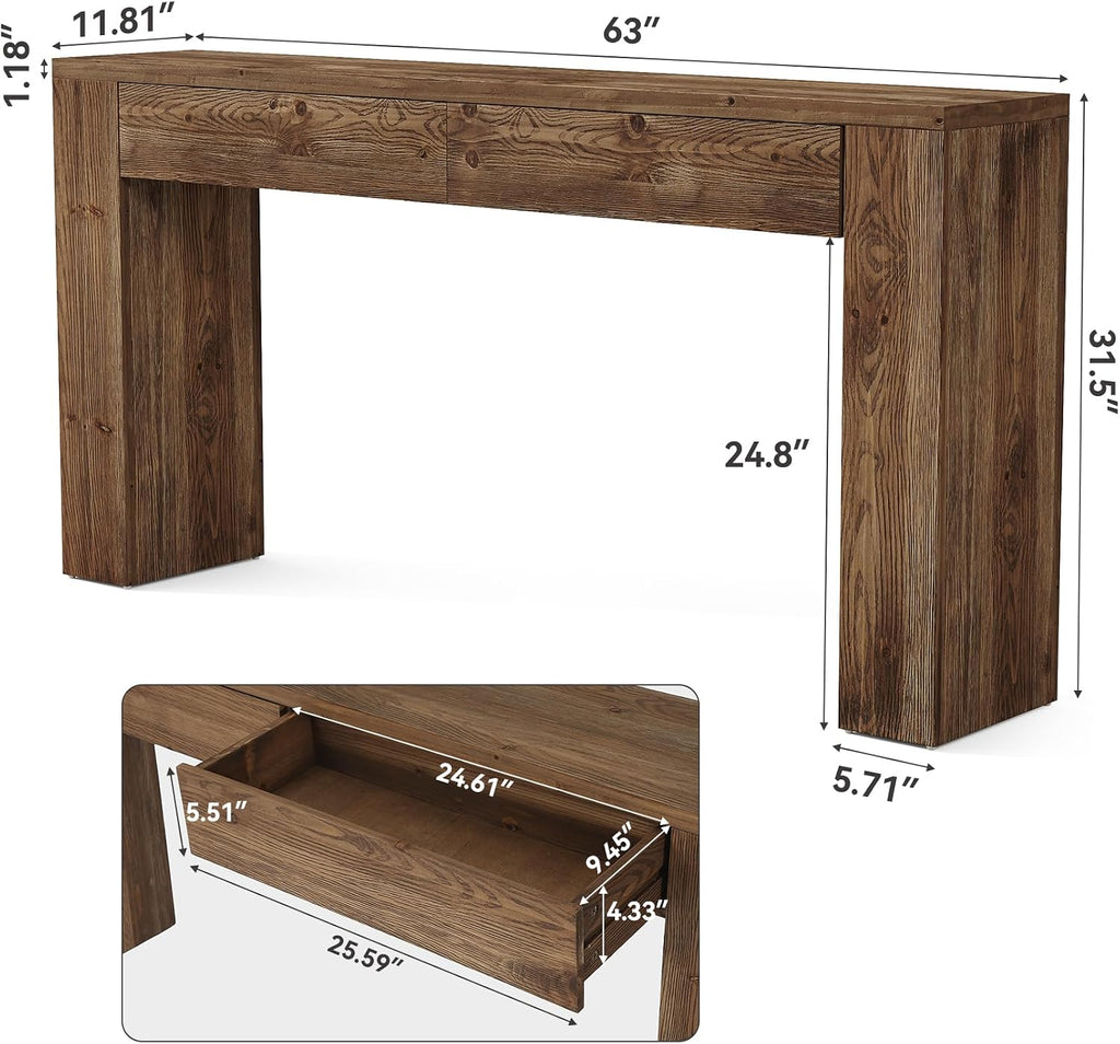 LITTLE TREE Sofa Table with 2 Drawers, 63 Inches Extra Long Console Table, Solid Wood Sofa Table Behind Couch, Large Entryway Hallway Foyer Tables for Living Room, Entrance, Rustic Brown