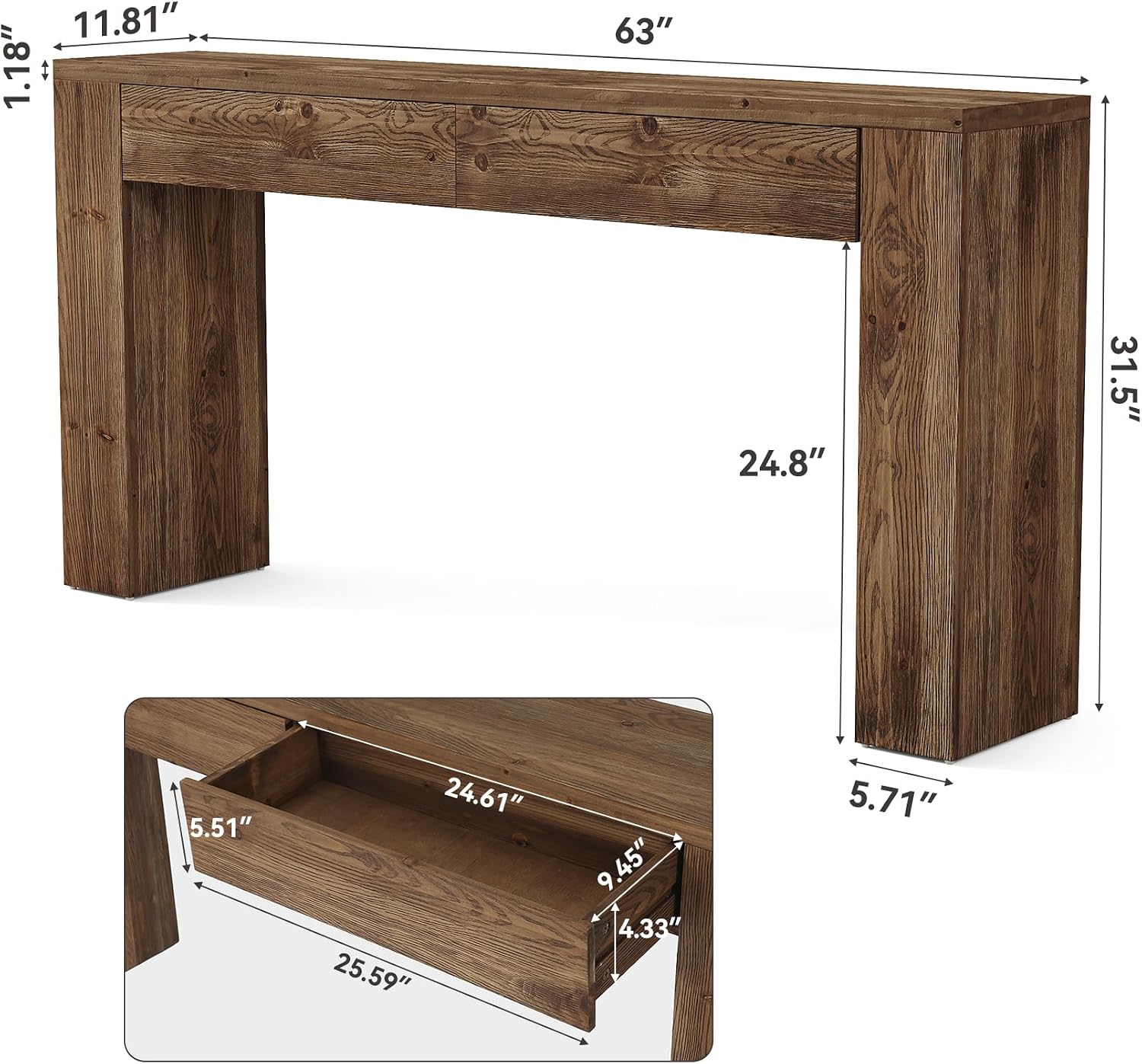 LITTLE TREE Sofa Table with 2 Drawers, 63 Inches Extra Long Console Table, Solid Wood Sofa Table Behind Couch, Large Entryway Hallway Foyer Tables for Living Room, Entrance, Rustic Brown
